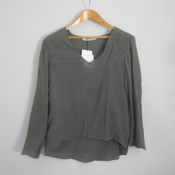 New Zara Womens XS Gray Long Sleeve V Neck LInen Tunic Shirt NWT $70 X-Small - Picture 1 of 8